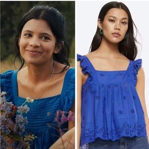 Mango blue ruffle eyelet blouse ASO my life with the Walter boys